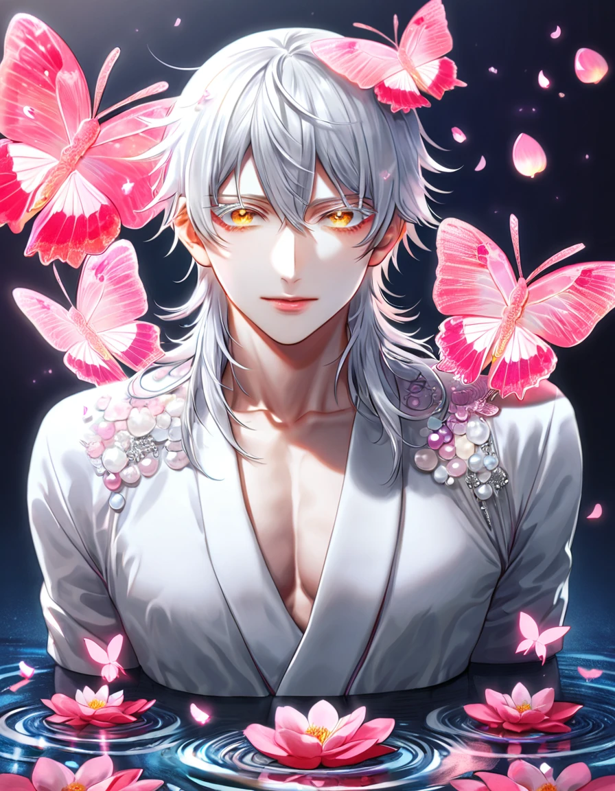 absurdos, alta resolução, ultra detalhado, HDR, obra de arte, melhor qualidade, Tsurumaru Kuninaga, cabelo branco, Expressivos olhos amarelos, cílios brancos, Touken Ranbu, Sozinho, Homem sexy, bonito, Roupas brancas, fantasia, brilhando, água, flores cor de rosa, flores rosa, borboletas rosa, pétalas de rosa