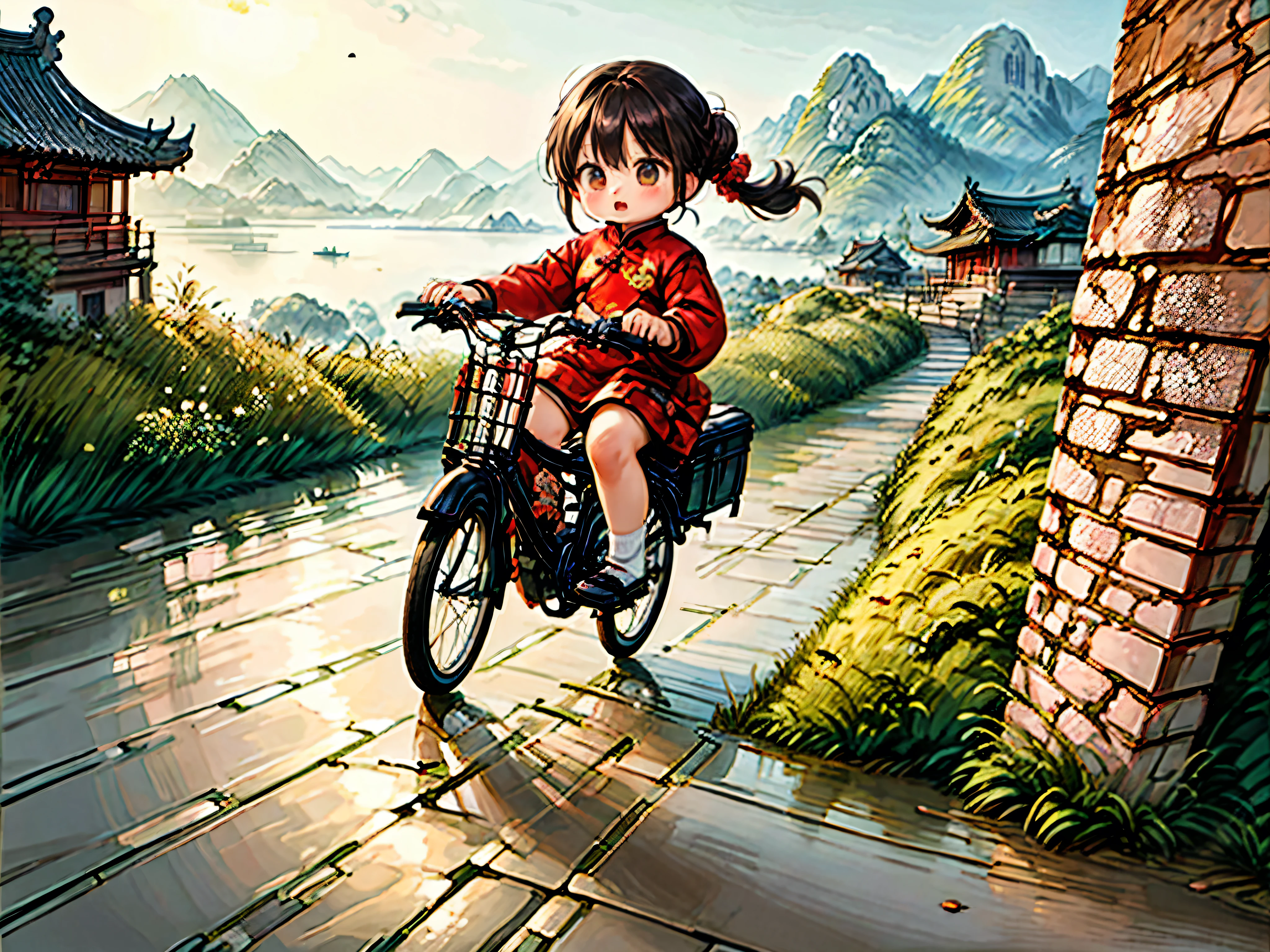 1female\(cute,kawaii,small kid,hair floating,hair color dark brown,hair\(braid twin bun,chinese style\),eye color dark brown,big eyes,red cheongsam,breast,riding a (bicycle\(old,classic,chinese bicycle\):1.3),dynamic angle,long shot,(full body:1.3),\),background\(outside,chinese countryside,crowdy main street, gravel road,chinese people\(walking, oclassic fashion \),csal_scenery,Xihu\),(long shot:1.5),(wide shot),landscape, BREAK ,quality\(8k,wallpaper of extremely detailed CG unit, ​masterpiece,hight resolution,top-quality,top-quality real texture skin,hyper realisitic,increase the resolution,RAW photos,best qualtiy,highly detailed,the wallpaper,cinematic lighting,ray trace,golden ratio\)