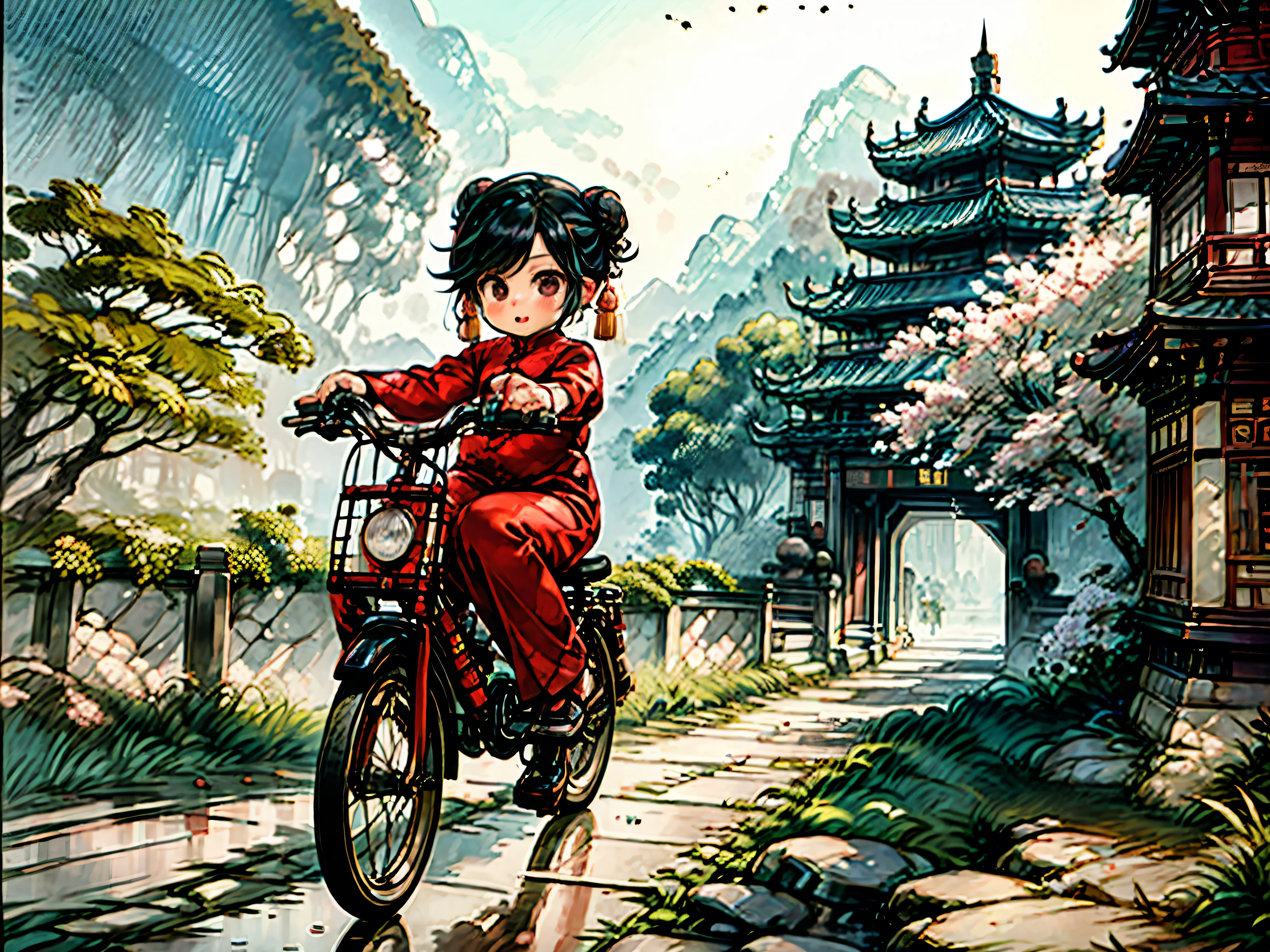 1female\(cute,kawaii,small kid,hair floating,hair color dark brown,hair\(braid twin bun,chinese style\),eye color dark brown,big eyes,(cute classical Fashion cheongsam:1.5),breast,riding a (bicycle\(old,classic,chinese bicycle\):1.3),dynamic angle,long shot,(full body:1.3),\),background\(outside,chinese countryside,crowdy main street, gravel road,chinese people\(walking, classic fashion \),csal_scenery,Xihu\),(long shot:1.5),(wide shot),landscape, BREAK ,quality\(8k,wallpaper of extremely detailed CG unit, ​masterpiece,hight resolution,top-quality,top-quality real texture skin,hyper realisitic,increase the resolution,RAW photos,best qualtiy,highly detailed,the wallpaper,cinematic lighting,ray trace,golden ratio\)
