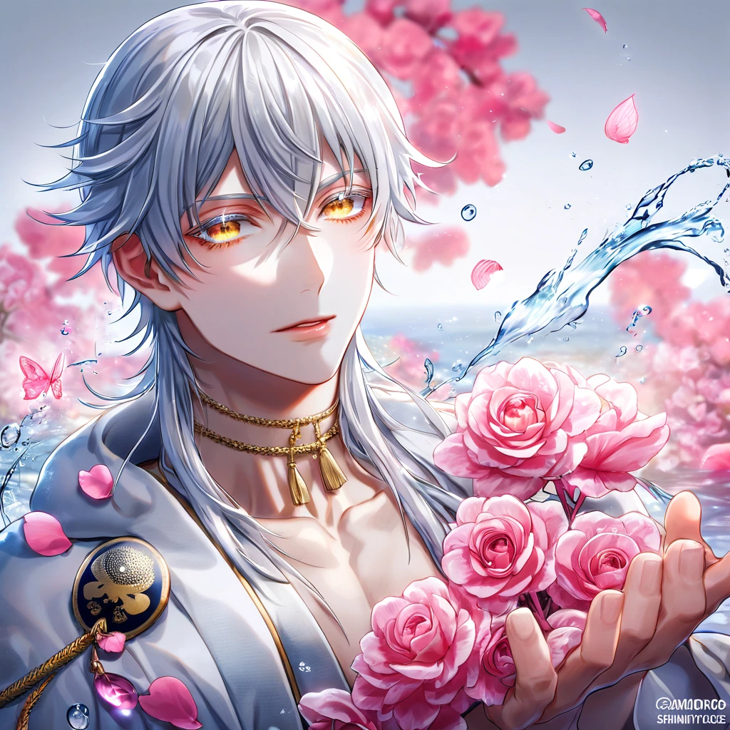 absurdos, alta resolução, ultra detalhado, HDR, obra de arte, melhor qualidade, Tsurumaru Kuninaga, cabelo branco, Expressivos olhos amarelos, cílios brancos, Touken Ranbu, Sozinho, Homem sexy, bonito, Roupas brancas, fantasia, brilhando, água, flores cor de rosa, flores rosa, borboletas rosa, pétalas de rosa