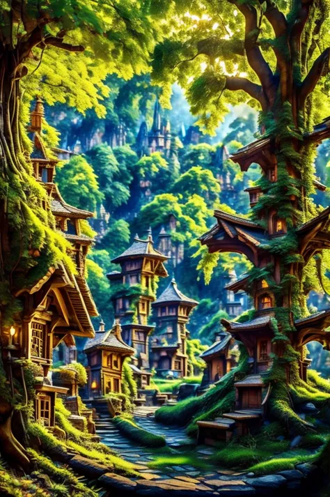 a medieval village in a redwood tree with anthropomorphic rabbits, masterpiece, best, photo realistic