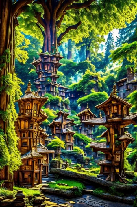 a medieval village in a redwood tree with anthropomorphic rabbits, masterpiece, best, photo realistic