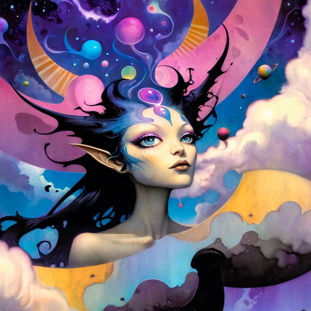 In a whimsical, colorful cartoon world, a kaleidoscope of flying objects swirls against surreal landscapes, inspired by the ethereal sounds of Midnight Tunes. Gentle mews and epic dreams converge as vibrant colors and exaggerated shapes come alive. A fantastical realm unfolds, reminiscent of Etam Cru's distinctive art style. Against a backdrop of swirling clouds and starry skies, photorealistic concept art by Rebeca Saray and Brad Kunkle captures the magic of this world in motion. (art inspired in Bill Sienkiewicz). oil painting) 