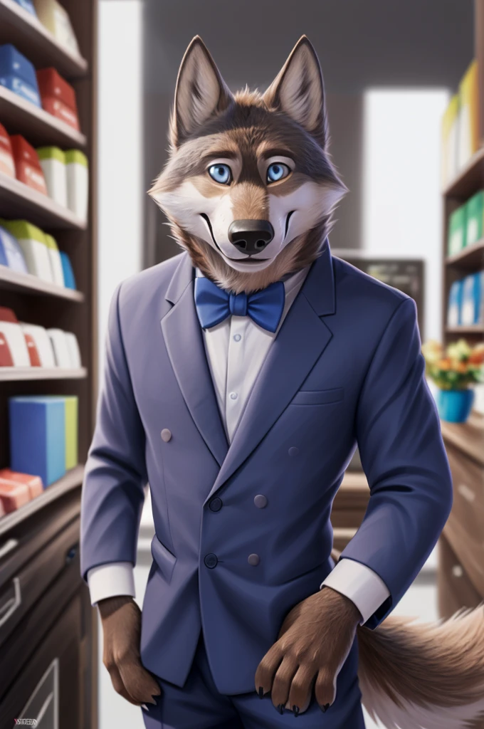 Larry (Zveropolis), wolf, gray fur, (brown body:1.3), beautiful blue eyes, Zveropolis, dressed,blazer,pink shirt,trousers,dresses, yellow bow tie, canine,wolf, Detailed fur, male, antro, paw pads, finger claws,dresses галстук бабочку, Plays,at viewer, 5 fingers, paws, 4 toes, in the shop, clothes, chooses a yellow bow tie, getting ready for the wedding, 
BREAK from nextel, for dating, by xenoforge, (difficult, high detail,digital photography, soft focus, RAW, close to the camera, smile, positive, good, mood, Houses, looks at the viewer, очень close to the camera, in the shop,clothes,getting ready for the wedding, chooses a suit, 
Photorealism, realistic, photorealistic,digital style, Subsurface scattering,очень close to the camera
шедевр, Best quality, ultra realistic, 8 k)