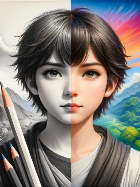 1hbgd1, (The left half of the face is a black and white pencil drawing of Soren, The right half is the colored pencil Ptolemy:1....