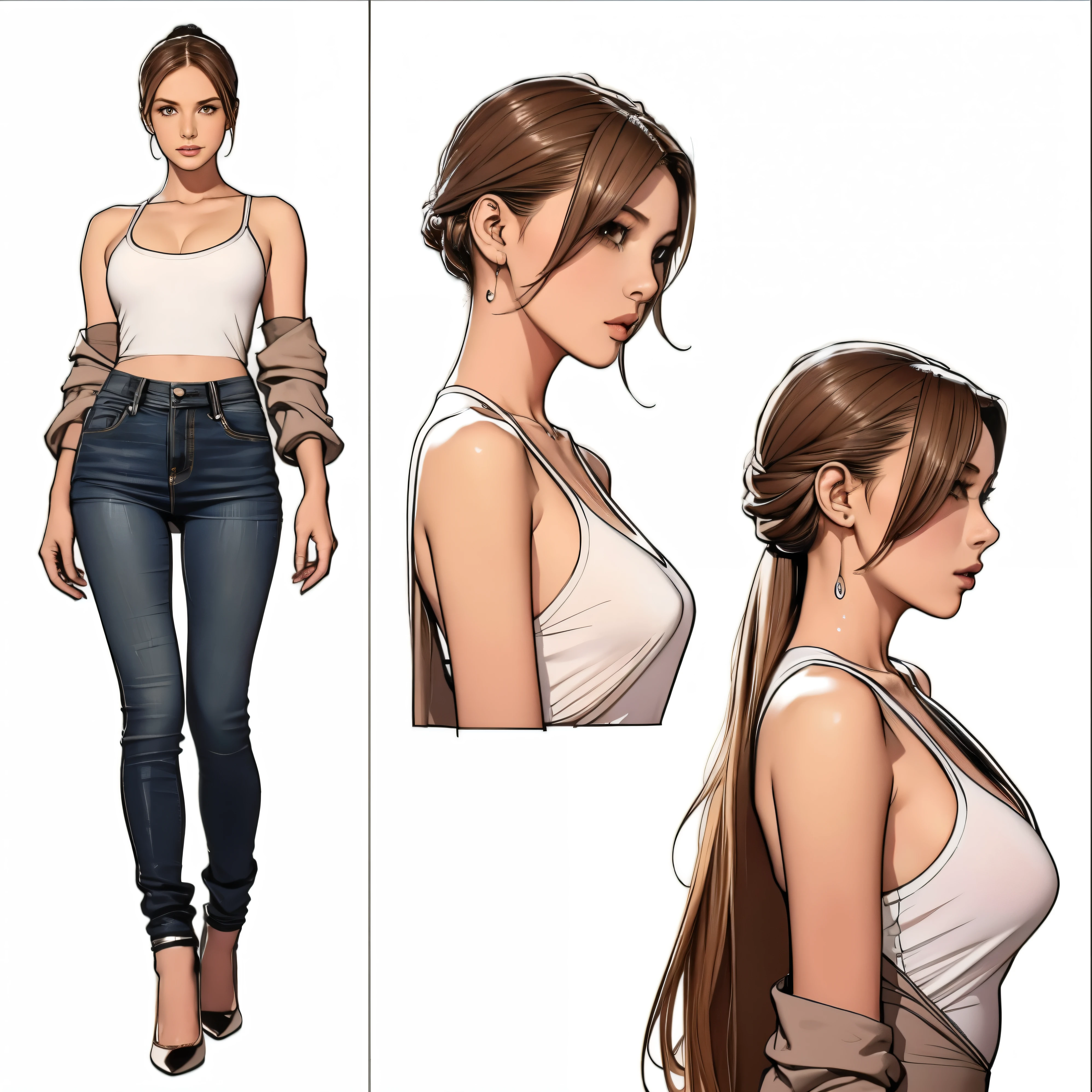 Detailed character list, Front view, side view, Diagonal view, with a white returnground, Show women, 30 years old, with short dark brown hair combed return, Wear light, casual clothing, wear tight jeans. Seats include different angles, Wait in front., return, and side views, Model Tables and Reference Tables, Full body painting. Scale based on 7.5-head scale.