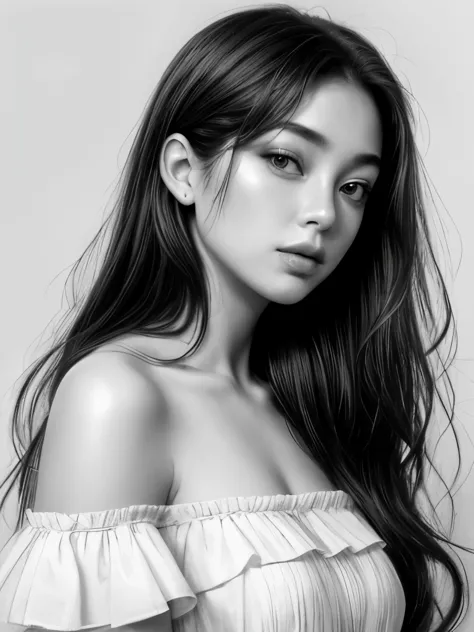 hanfeng, 1girl, greyscale, solo, monochrome, long hair, looking at viewer, parted lips, realistic, lips, bare shoulders, off sho...