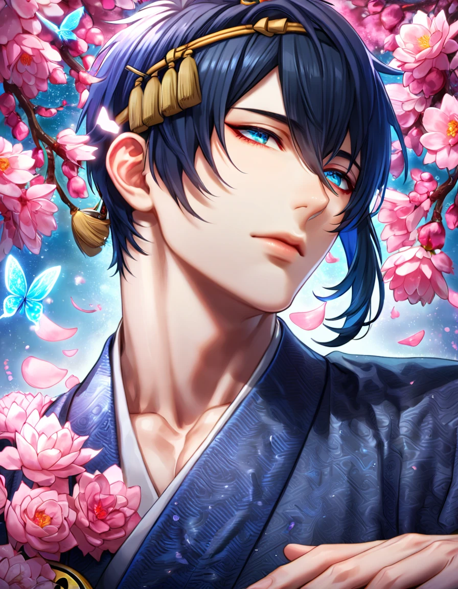 absurdos, alta resolução, ultra detalhado, HDR, obra de arte, melhor qualidade, Mikazuki Munechika, cabelo azul escuro, olhos azuis expressivos, Touken Ranbu, Sozinho, Homem sexy, bonito, Quimono azul escuro, fantasia, brilhando, água, flores cor de rosa, flores rosa, borboletas rosa, pétalas de rosa