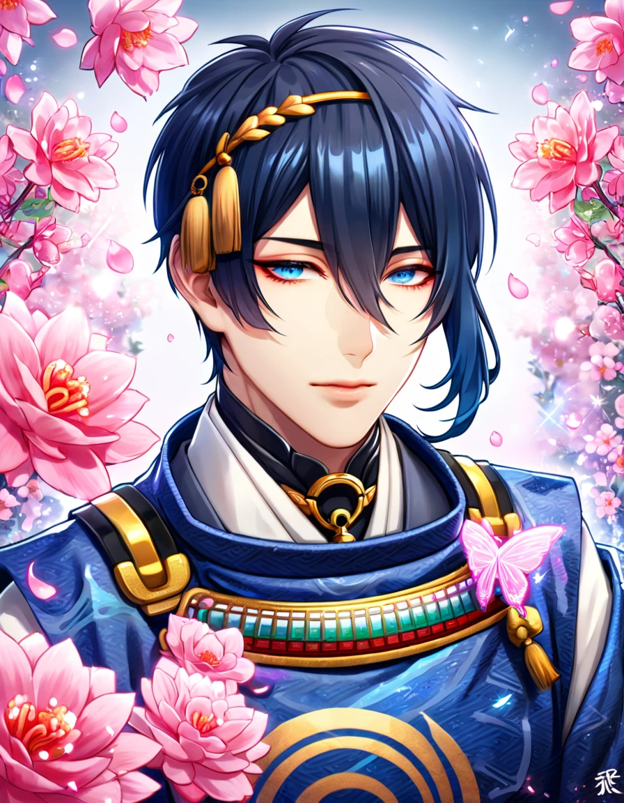 absurdos, alta resolução, ultra detalhado, HDR, obra de arte, melhor qualidade, Mikazuki Munechika, cabelo azul escuro, olhos azuis expressivos, Touken Ranbu, Sozinho, Homem sexy, bonito, Quimono azul escuro, fantasia, brilhando, água, flores cor de rosa, flores rosa, borboletas rosa, pétalas de rosa