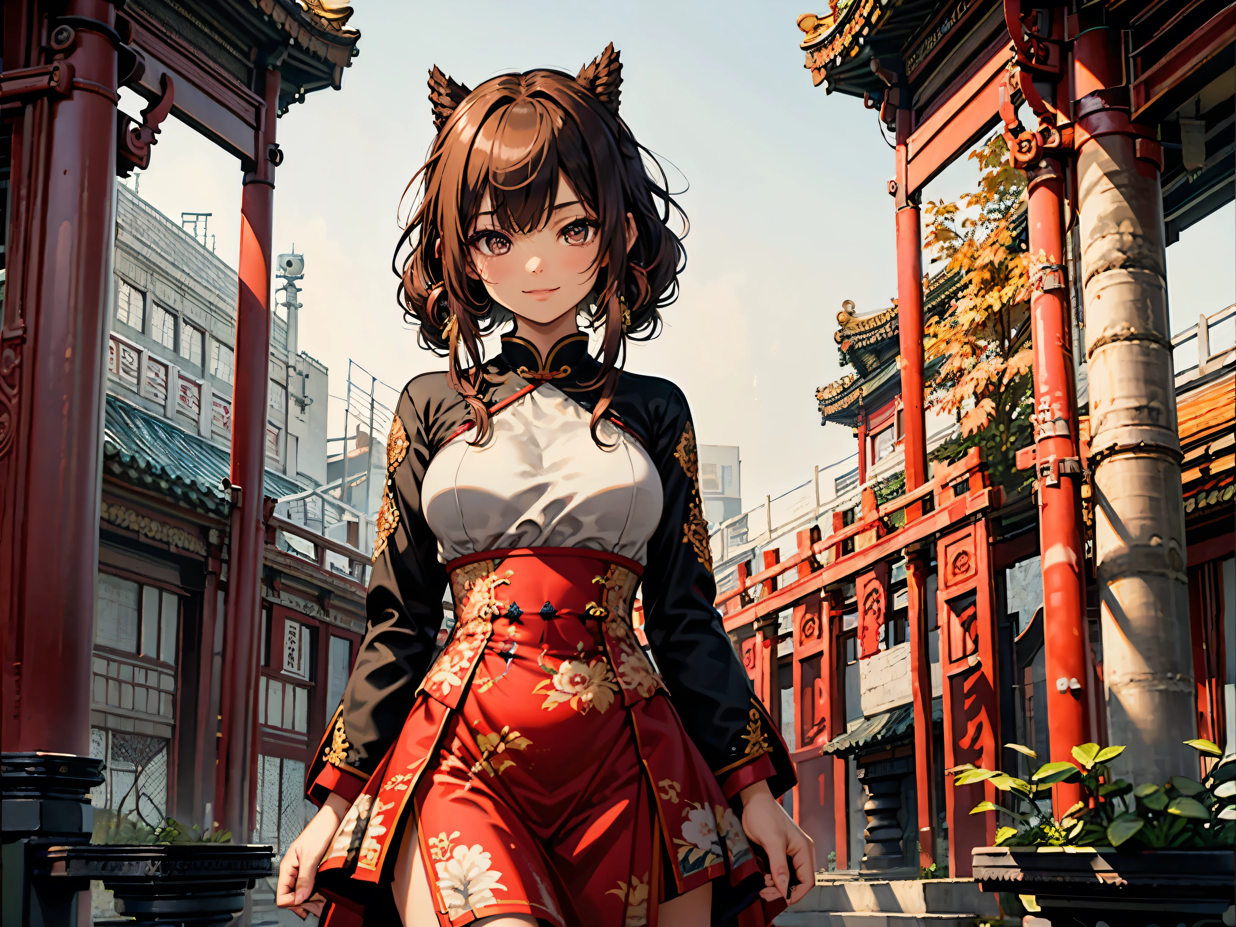 quality\(8k,wallpaper of extremely detailed CG unit, ​masterpiece,hight resolution,top-quality,top-quality real texture skin,hyper realisitic,increase the resolution,RAW photos,best qualtiy,highly detailed,the wallpaper,cinematic lighting,ray trace,golden ratio\), BREAK ,solo,1woman\(cute,kawaii,small kid,smile,hair floating,hair color dark red,long braid hair,eye color dark red,big eyes,beautiful cheongsam,(breast:1.3),fighting stance\(kungfu style\),dynamic angle,long shot,full body,stanping ground\),background\(outside,chinese temple\),long shot