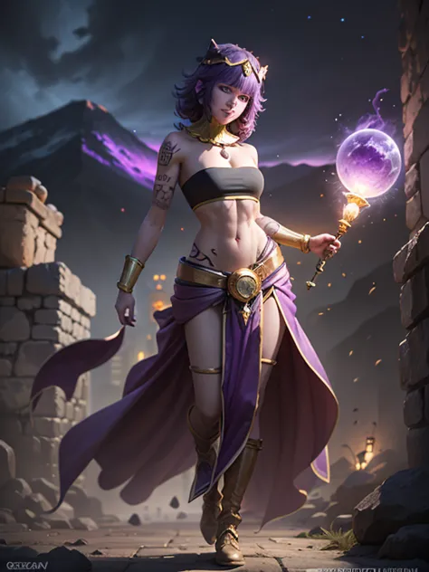 Step into the realm of high-fantasy with a photo of a mesmerizing game character featuring resplendent purple hair and rich brow...