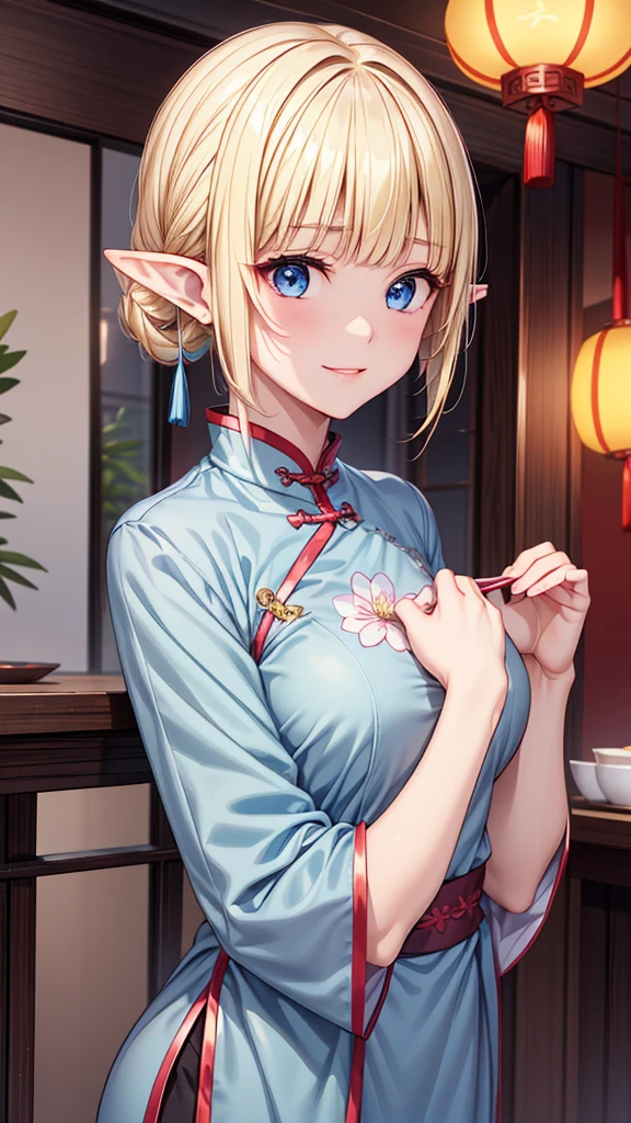 Very close、((Focus on the upper body))、(((16K、masterpiece、High resolution、High resolution)))、1 young elven girl))、((Beautiful blonde))、short hair、((Beautiful Blue Eyes))、((Pointy Ears))、、Smiling Kindly、Grin、blush、Pink Lip Gloss,((Bright blue Chinese clothing))、((Chinese restaurant))、look at me、((Put your hands together))、Look up at me