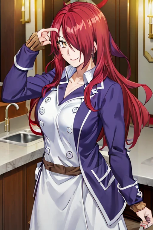 ((masterpiece,best quality)), absurdres, Kobayashi_Rindou_Shokugeki, 1girl, solo, red hair, long hair, hair over one eye, yellow eyes, chef, white smock, solo, smiling, looking at viewer, cowboy shot,