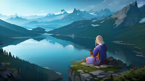 meditation. Dreamscape. Lakes amid mountains. Fantastic world. A person meditating in the distance. Kinematic lighting.