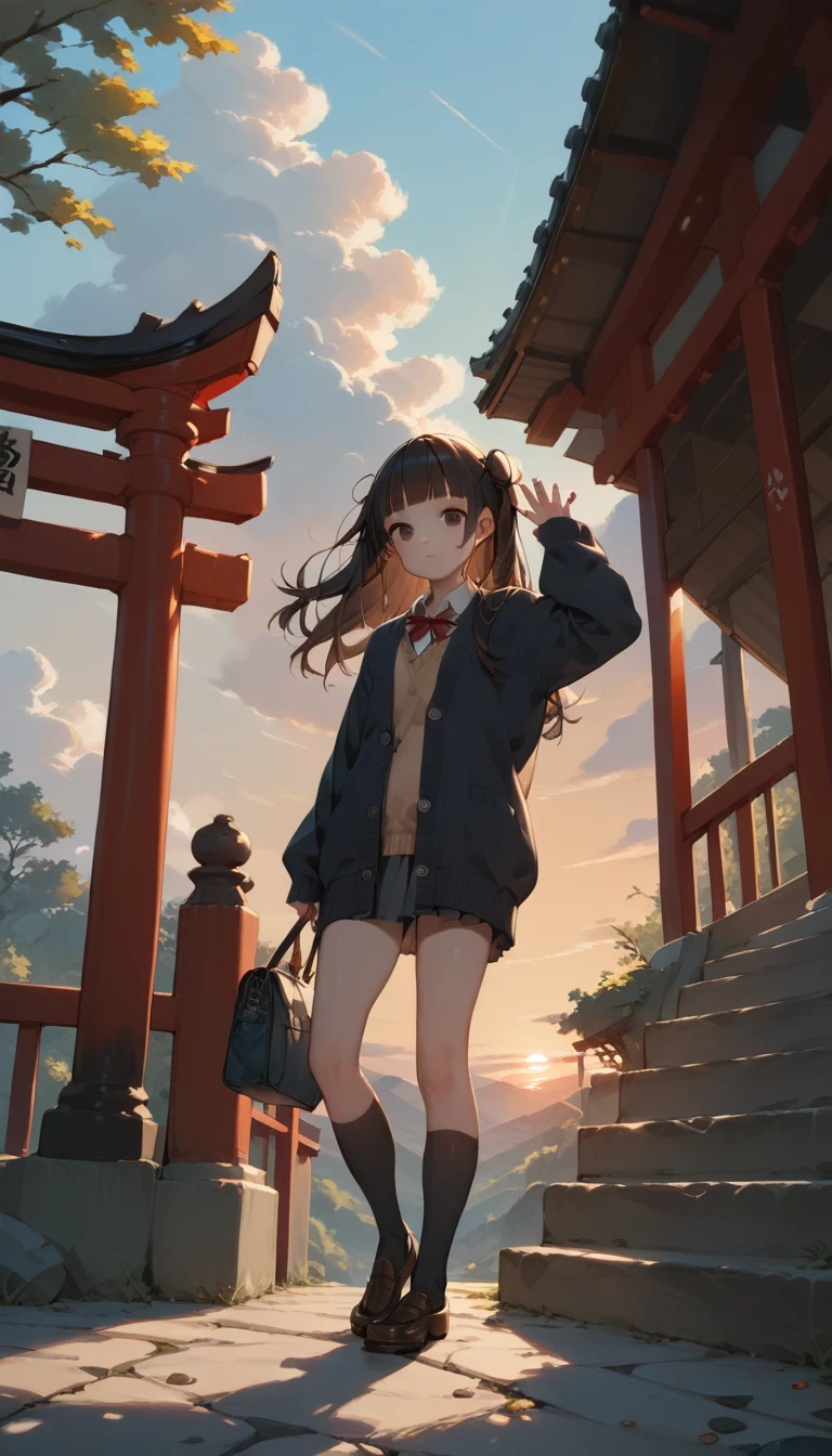 One Girl, (Sunset sky), Standing and waving, School Area, Countryside landscape, scenery, School Cardigan, (Sleeves are longer than the wrist), Powerful loafers, Black ash two side up hair, Blunt bangs, Beautiful dark eyes, Black knee socks, Cinema Lighting, Upper Body, :3,Long staircase、torii、A prestigious shrine