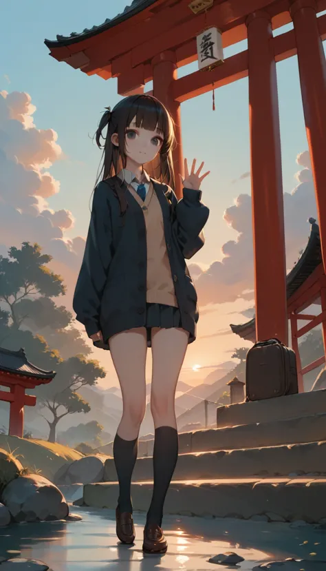 One Girl, (Sunset sky), Standing and waving, School Area, Countryside landscape, scenery, School Cardigan, (Sleeves are longer t...