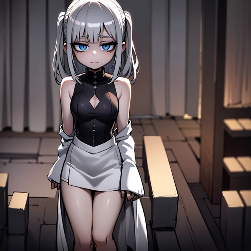 silver hair, dog ears, white dress,wavy hair,delicate features quiet gaze,beautiful half body illustration,beautiful backgraund,atmospheric lighting,sharp focus,vlumetric lighting,cute face,reduce saturation,fine detailed face,small nose and mouth,volumetric top lighting,bold line painting, soft shadow,((masterpiece, best quality)), (1girl), (solo), (female focus),small breasts,flat tits,Lolita,short height,skinny girl,blue eyes,open legs,animal ears,clown