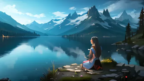 meditation. dreamscape. lakes amid mountains. fantastic world. a person meditating in the distance. kinematic lighting.