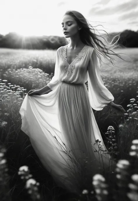 an artistic black and white photograph of a young woman standing in a field of wildflowers. the composition focuses on the fluid...