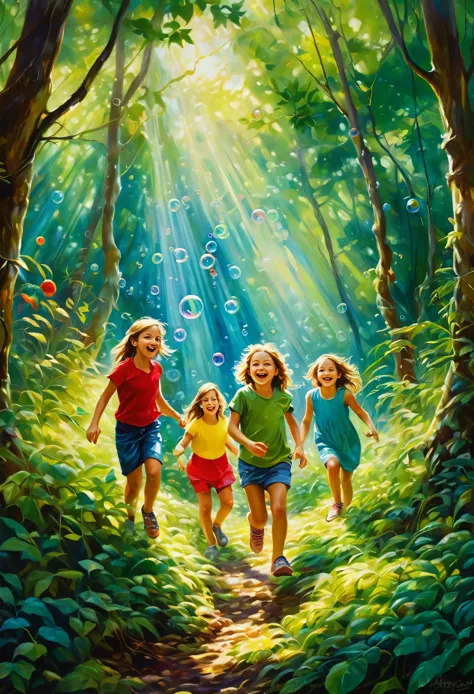 "a realistic oil painting of a group of children playing and exploring in a lush forest full of life. the children look cheerful...