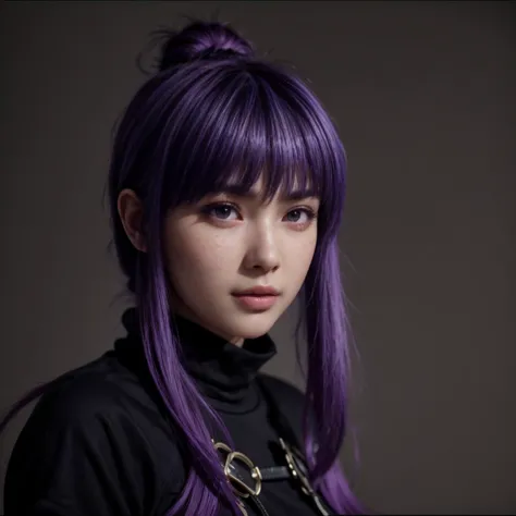 ayane, purple hair, (best quality, ultra-detailed), (realistic:1.37), beautiful and detailed face, ultra-realistic texture, deli...