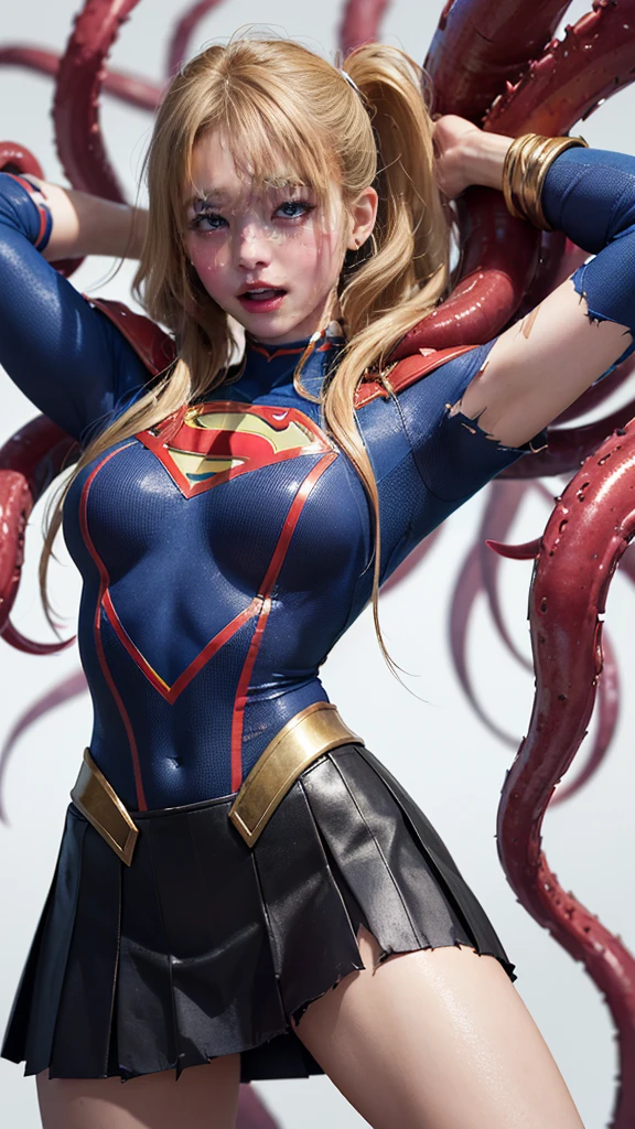 (8k、Highest quality、masterpiece:1.2)、(Realism、Photorealistic:1.37)、Ultra high definition、(Highest quality)、(masterpiece)、Supergirl trapped by tentacles、(Perfect fit body、Perfect fit、Perfect Thighs)、(((Wearing the Supergirl suit、skirt、Damaged、torn、Thighs in torn clothes、 Exposed arms)))、Long Hair、Long Hair、(((Tattered clothes、Too much exposure、torn clothes、Torn skirt、Tattered skirt、White liquid all over the body、 sticks to the body、 on the face、胸に白Farbeの液体、)))、(((The background is a prison、Hands clasped behind head、Surrounded by tentacles、The body is connected by many tentacles.、Hands bound by tentacles、The legs are tied with tentacles、Tentacles groping the whole body、Farbe々Mature woman posing))),(Open your mouth、Scream、Moaning in pain, Feeling pain, Flowing Tears:1.5), pain, I&#39;m in pain and crying、A meat stick is stuck in his crotch、