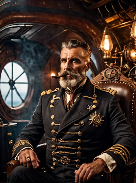 photo focus on male focus, indoors, realistic scenery, (captain nemo:1.1),  smoking a pipe,  van der graph generator, sparks, cl...