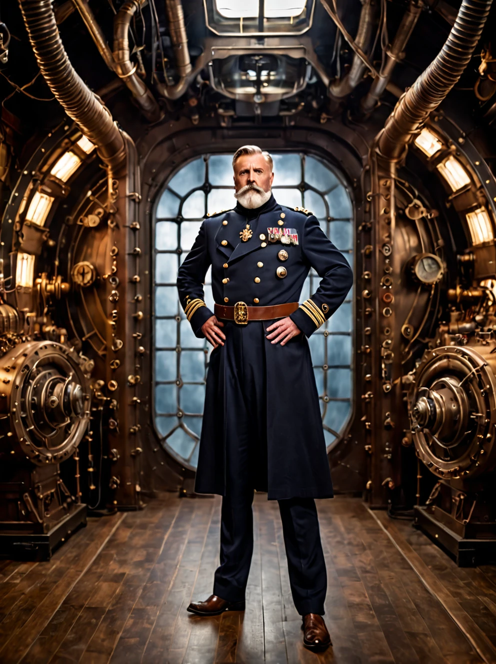 photo focus on male focus, indoors, realistic scenery, (captain nemo:1.1),  generator room,  van der graph generator, lightening, loaded military uniform, steampunk nautilus-style. very wide shot, character photo portrait, film, professional, highly detailed, 