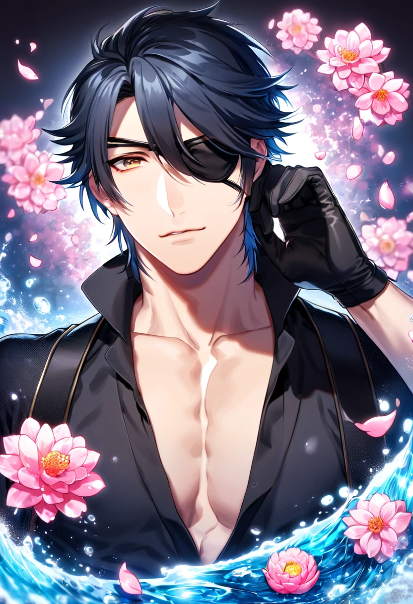 absurdres, highres, ultra detailed, HDR, master piece, best quality, Mitsutada Shokudaikiri, black hair, expressive yellow eyes, Touken Ranbu, solo, sexy man, handsome, black clothes, black eye patch, black gloves, fantasy, shining, water, pink flowers, pink blossoms, pink butterflies, pink petals