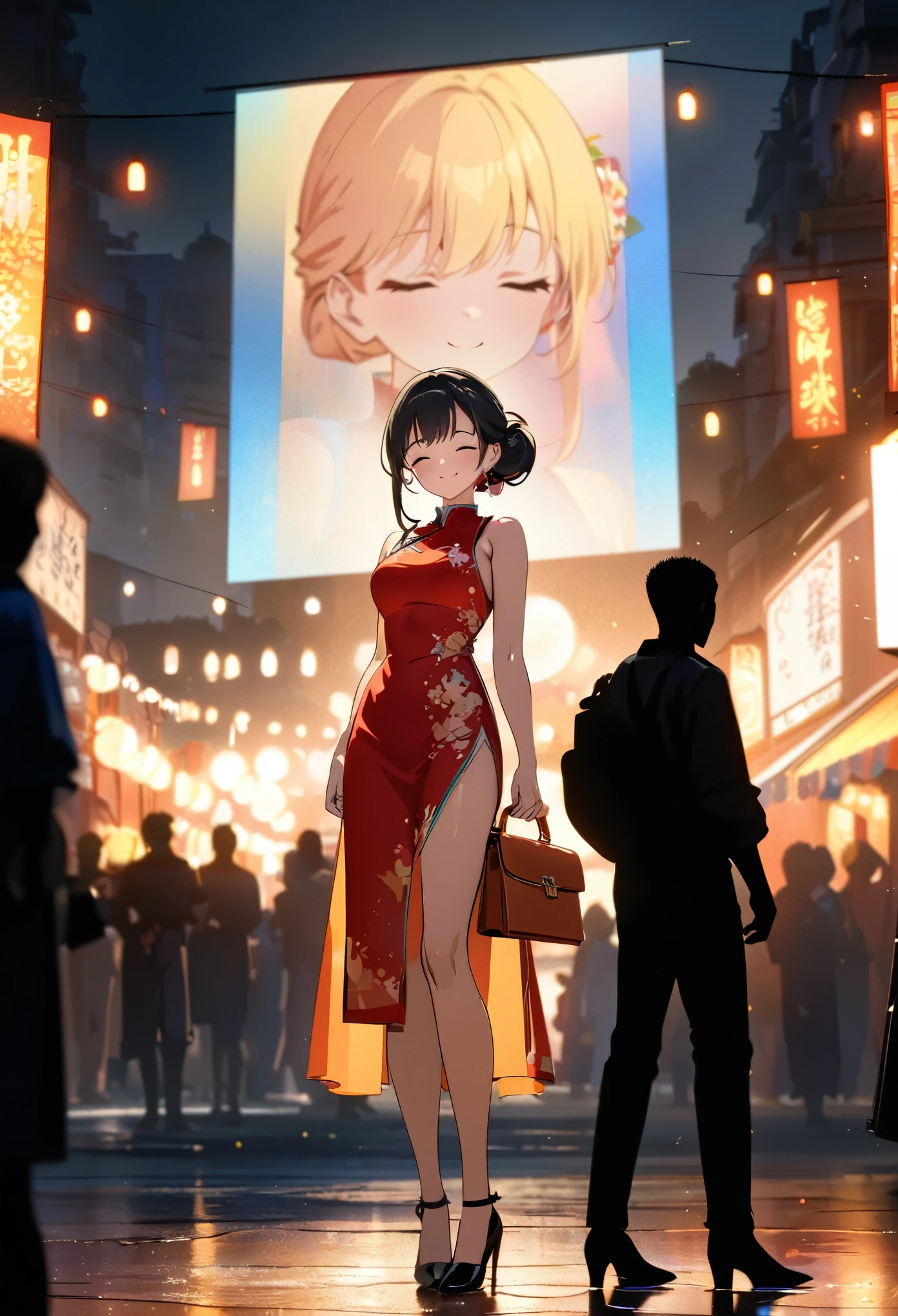 (best quality,8k,highres, masterpiece:1.2), (anime style),ultra-detailed, HDR, UHD, studio lighting, ultra-fine painting, sharp focus, physically-based rendering, extreme detail description, professional, vivid colors, bokeh, portraits, concept artists, warm color palette, dramatic lighting,Summer festival night,1 beautiful woman,(no sleeves China dress),updo, big smile, closed eyes, (The cityscape lined with the fairs of summer festivals),(beautiful hair, glowing skin,),(Silhouette of a passing crowd),(anime style),(high heels with straps),Holding a Hermès Kelly Bag