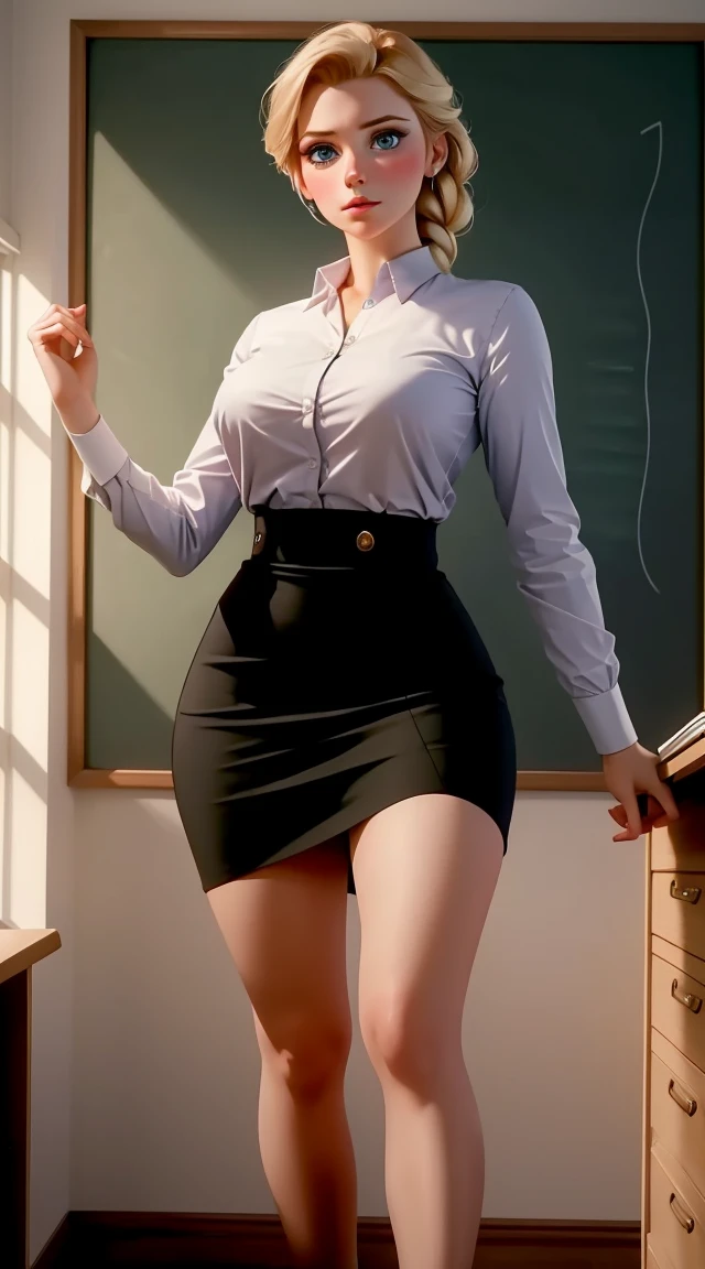 woman, ((Masterpiece, best quality)), full body view, bursting huge breasts, detailed skin, Anna from Frozen as a teacher, in class room  Elegant teacher outfit, over the knee skirt, highly detailed, cinematic lighting, ultra realistic, blush, looking at viewer, anna, anna from movie