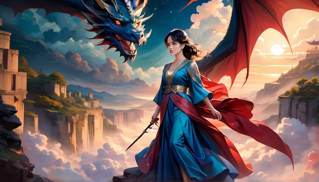 ((best qualityer)), ((Masterpiece artwork)), (detailded), Empress Dragon "Reese Witherspoon", realisticeyes, Bblack hair, blue colored eyes, breasts small, redgown de setin koreano sensual, evil landscape, ethereal beauty, (Fantasy Illustration:1.3), lovely gaze, captivating pose, solo girl, supernatural charm, mystical sky, moonlit night, subdued colors, (detailed cloudscape:1.3), (high resolution:1.2) (Blue dragon flying in the sky) redgown, over a hill, An army passing far into a canyon below.