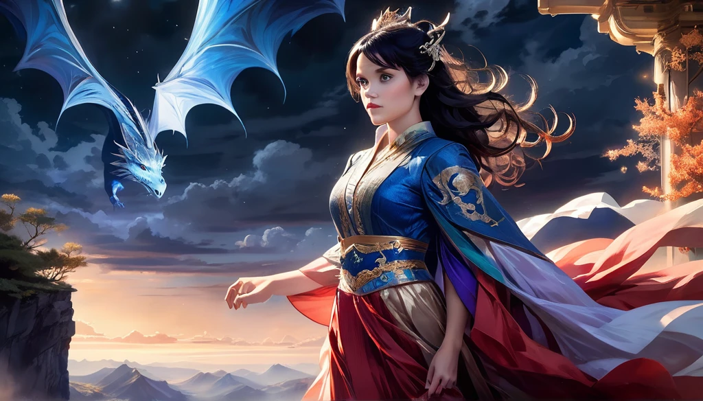 ((best qualityer)), ((Masterpiece artwork)), (detailded), Empress Dragon "Reese Witherspoon", realisticeyes, Bblack hair, blue colored eyes, breasts small, redgown de setin koreano sensual, evil landscape, ethereal beauty, (Fantasy Illustration:1.3), lovely gaze, captivating pose, solo girl, supernatural charm, mystical sky, moonlit night, subdued colors, (detailed cloudscape:1.3), (high resolution:1.2) (Blue dragon flying in the sky) redgown, over a hill, An army passing far into a canyon below.