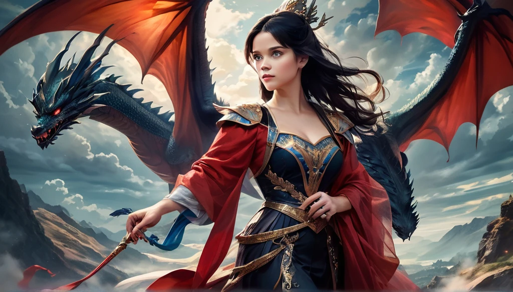 ((best qualityer)), ((Masterpiece artwork)), (detailded), Empress Dragon "Reese Witherspoon", realisticeyes, Bblack hair, blue colored eyes, breasts small, redgown de setin koreano sensual, evil landscape, ethereal beauty, (Fantasy Illustration:1.3), lovely gaze, captivating pose, solo girl, supernatural charm, mystical sky, moonlit night, subdued colors, (detailed cloudscape:1.3), (high resolution:1.2) (Blue dragon flying in the sky) redgown, over a hill, An army passing far into a canyon below.