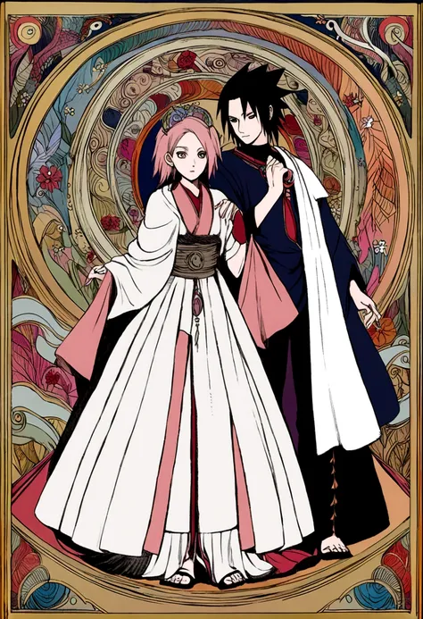 Naruto style illustration, Sakura Haruno and Sasuke Uchiha dressed like  gods - SeaArt AI