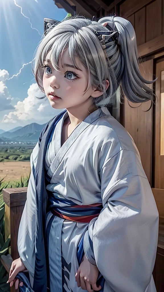 naughty girl;
Wolf ears and tail;
Long messy hair;
gray hair;
Kimono with lightning cloud details;
Rays around the body;
It&#39;s in a black space full of clouds forming;
Sky blue eyes;
