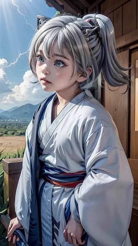 naughty girl;
Wolf ears and tail;
Long messy hair;
gray hair;
Kimono with lightning cloud details;
Rays around the body;
It&#39;...