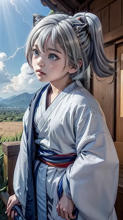 naughty girl;
wolf ears and tail;
long messy hair;
gray hair;
kimono with lightning cloud details;
rays around the body;
it&#39;...