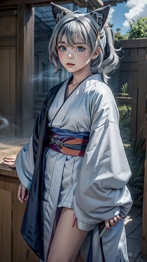 naughty girl;
Wolf ears and tail;
Long messy hair;
gray hair;
Kimono with lightning cloud details;
Rays around the body;
It&#39;s in a black space full of clouds forming;
Sky blue eyes;
