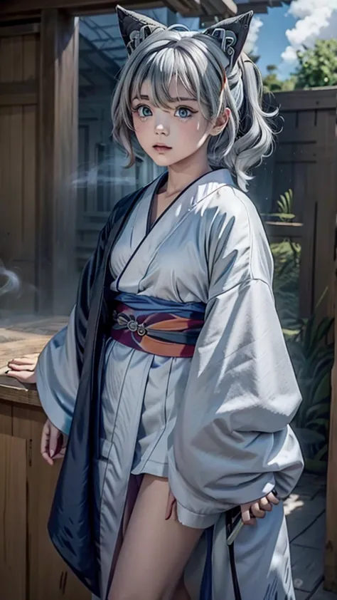 naughty girl;
wolf ears and tail;
long messy hair;
gray hair;
kimono with lightning cloud details;
rays around the body;
it&#39;...