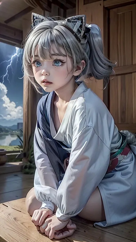 naughty girl;
wolf ears and tail;
long messy hair;
gray hair;
kimono with lightning cloud details;
rays around the body;
it&#39;...