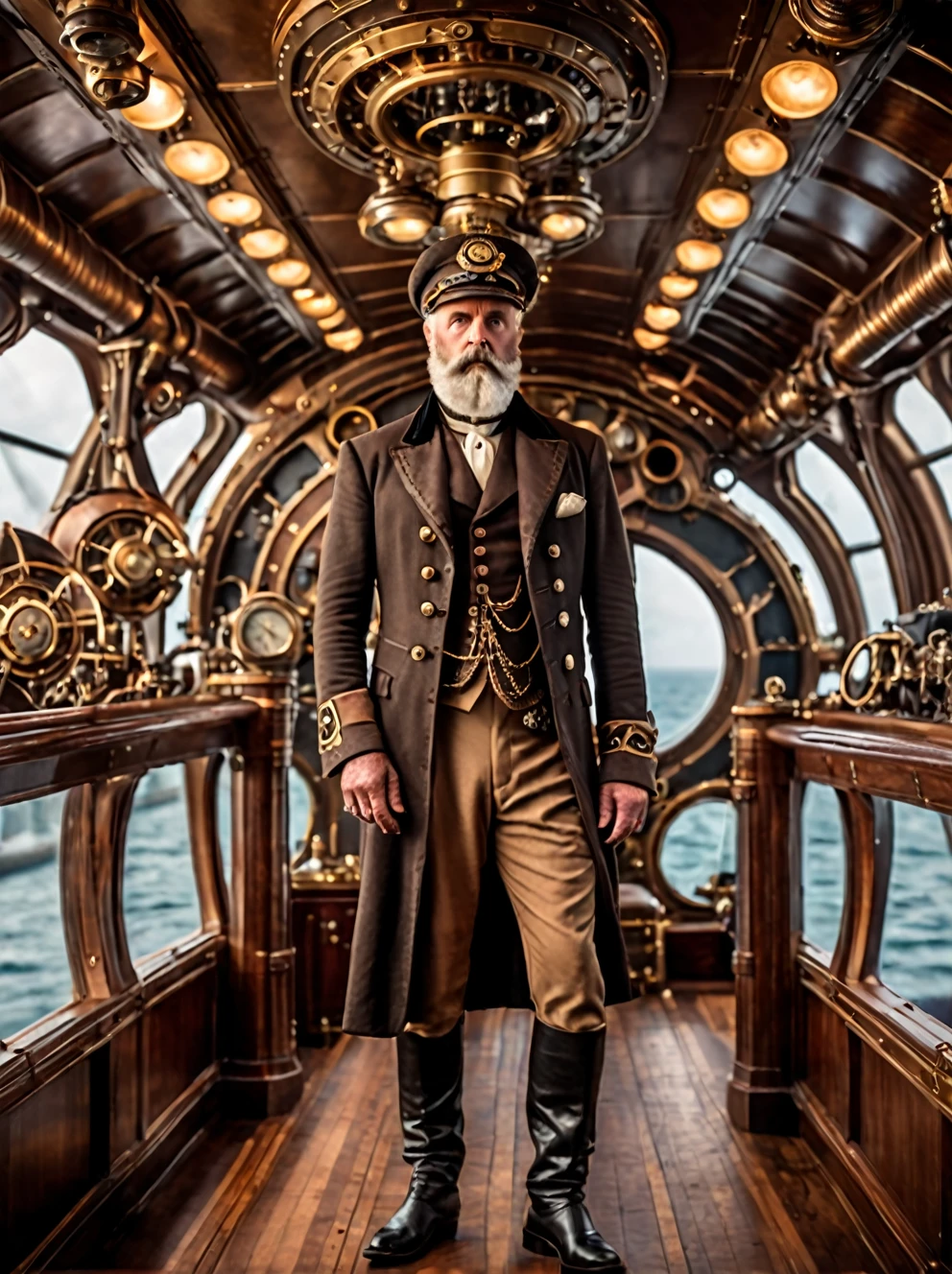 photo focus on male focus, indoors, realistic scenery, (captain nemo:1.1), standing on a bridge of steampunk spaceship, crew in background, steampunk nautilus-style. very wide shot, character photo portrait, film, professional, highly detailed,