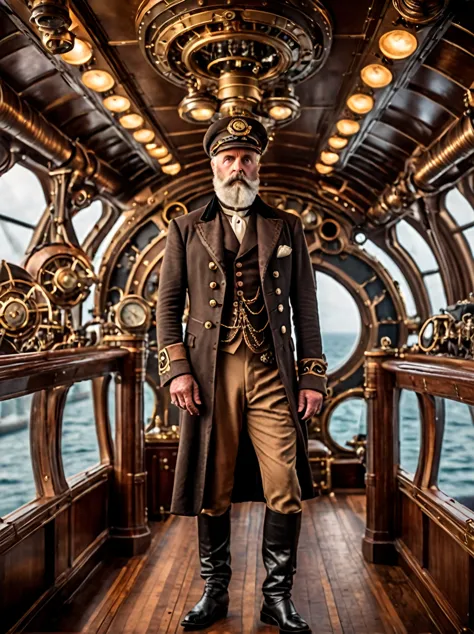 photo focus on male focus, indoors, realistic scenery, (captain nemo:1.1), standing on a bridge of steampunk spaceship, crew in ...