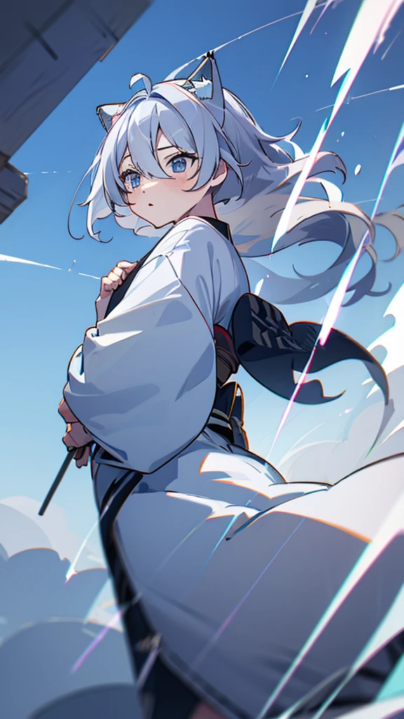 naughty girl;
Wolf ears and tail;
Long messy hair;
gray hair;
Kimono with lightning cloud details;
Rays around the body;
It&#39;s in a black space full of clouds forming;
Sky blue eyes;
