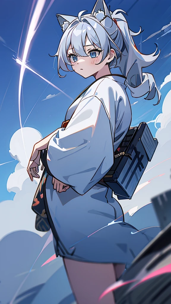 naughty girl;
Wolf ears and tail;
Long messy hair;
gray hair;
Kimono with lightning cloud details;
Rays around the body;
It&#39;s in a black space full of clouds forming;
Sky blue eyes;
