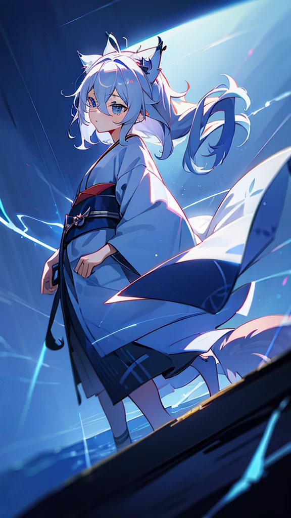 naughty girl;
Wolf ears and tail;
Long messy hair;
gray hair;
Kimono with lightning cloud details;
Rays around the body;
It&#39;s in a black space full of clouds forming;
Sky blue eyes;
