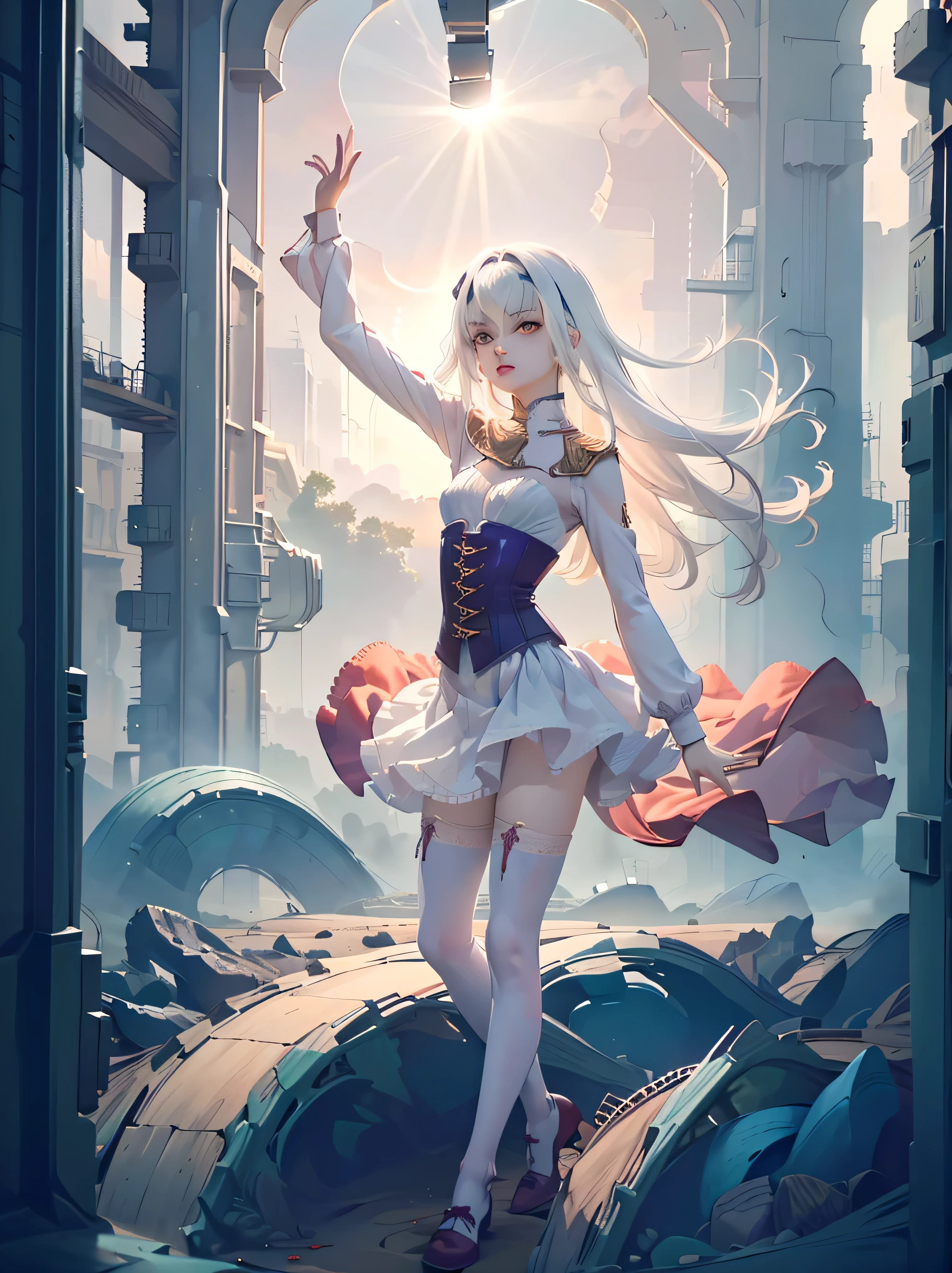 ((absurdres)), hd, uhd, (((HDR))), ((best quality)), (ultra high quality), (hi-res), realistic, ((1girl)), solo, alone, melusine, (blood orange eyes), (long white hair), sidelocks, (forked eyebrows), ((light purple dress)), dress, ((small breasts)), (((corset))), frills, long sleeves, white thighhighs, zettai ryouiki, ((looking at viewer)), ((dynamic pose)), hips tilted, leg behind, arm out, lean, fairy forest city, outside, forest buildings, sidewalk, cobblestone, trees, daytime, additional lighting, sunlight on face, noon, bright sun, forest scenery, doortoinfinity, (five fingers), ((full body))