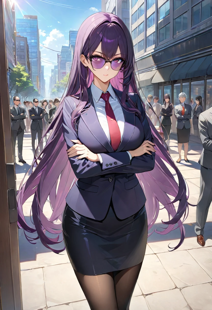 (masterpiece:1.37), Highest quality, (Very detailed:1.37), office, Windows overlooking the bustling street, woman, (mature:1.2), (Adult:1.2), (Very long hair:1.2), Dark purple hair, Purple eyes, (Very detailed eyes:1.3), chest, sunglasses, suit, tie, (Very long pencil skirt:1.3), pantyhose, Stand Upright, Daytime, shine, In-person audience, Perfect composition, Perfect light and shadow, 8K, (Arms crossed:1.2)