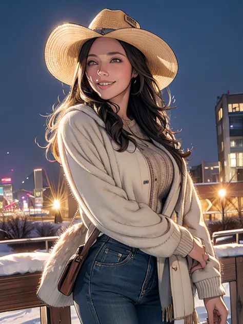 Ultra-detailed, In the winter scenery of the city center、Realistic cowgirl with dark hair smiling and looking at the audience. O...