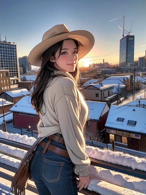 Ultra-detailed, In the winter scenery of the city center、Realistic cowgirl with dark hair smiling and looking at the audience. One imagem tem a melhor qualidade, 4K resolution, High resolution, It&#39;s a masterpiece (Strength 1.2). This landscape is、Capturing the essence of spring in the city center. One